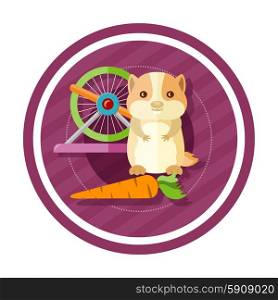 Golden hamster eating carrot near round cells. Concept in cartoon style. Golden hamster eating carrot