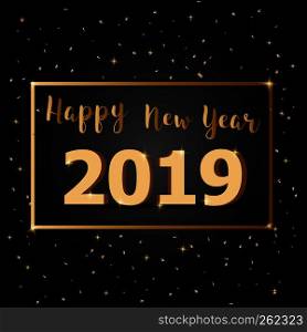 Golden Happy New Year 2019 with dark background, stock vector