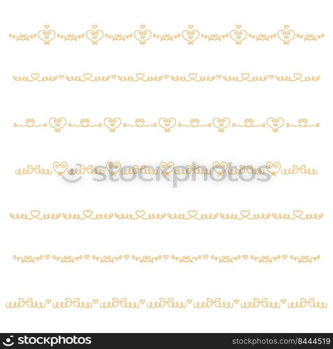 Golden heart seamless border template concept collection. Doodle vector illustration. Perfect for wedding card decoration, banner, invitation, poster.