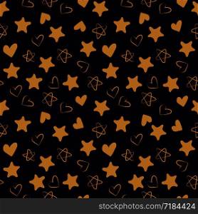 Golden hearts and stars seamless pattern. Fashion design print. Design elements for wedding, kid&rsquo;s birthday or Valentine&rsquo;s day. Hand drawn doodle repeating shapes. Cute wallpaper
