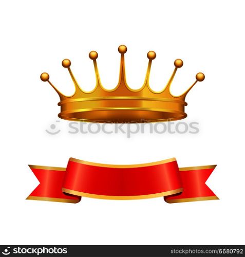 Golden heraldic crown with seven pearls or beads on jags and wavy ribbon below isolated. Vector baron coronet or monarch headpiece as power symbol.. Heraldic Symbols Golden Crown and Silk Ribbon