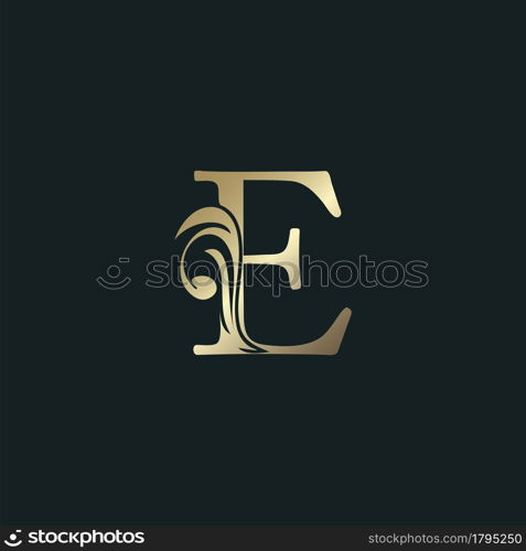 Golden Heraldic Letter E Logo With Luxury Floral Alphabet Vector Design Style.