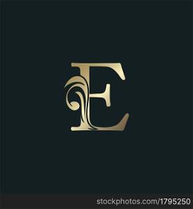 Golden Heraldic Letter E Logo With Luxury Floral Alphabet Vector Design Style.