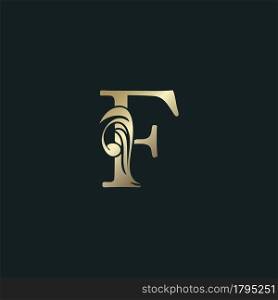 Golden Heraldic Letter F Logo With Luxury Floral Alphabet Vector Design Style.
