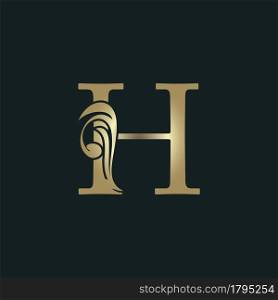 Golden Heraldic Letter H Logo With Luxury Floral Alphabet Vector Design Style.