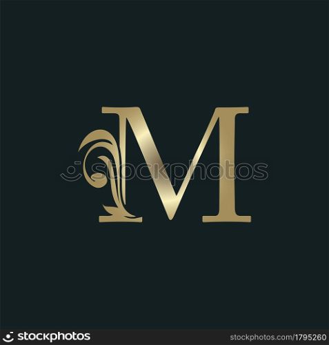 Golden Heraldic Letter M Logo With Luxury Floral Alphabet Vector Design Style.