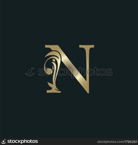 Golden Heraldic Letter N Logo With Luxury Floral Alphabet Vector Design Style.