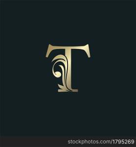 Golden Heraldic Letter T Logo With Luxury Floral Alphabet Vector Design Style.