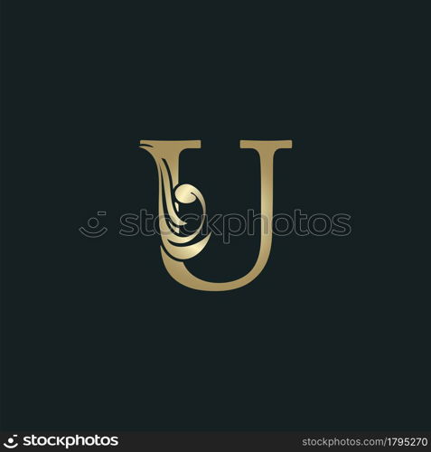 Golden Heraldic Letter U Logo With Luxury Floral Alphabet Vector Design Style.