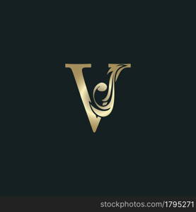 Golden Heraldic Letter V Logo With Luxury Floral Alphabet Vector Design Style.