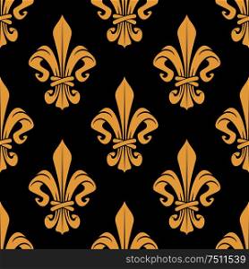 Golden heraldic lily flowers seamless pattern for classic wallpaper or interior textile accessories design with vintage fleur-de-lis ornament on black background. Seamless vintage golden fleur-de-lis pattern