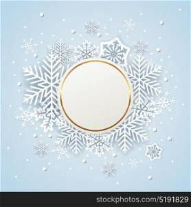Golden holiday background with white paper snowflakes. Abstract round Christmas banner.