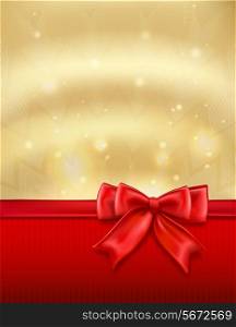 Golden holiday new year xmas background with red bow and ribbon vector illustration