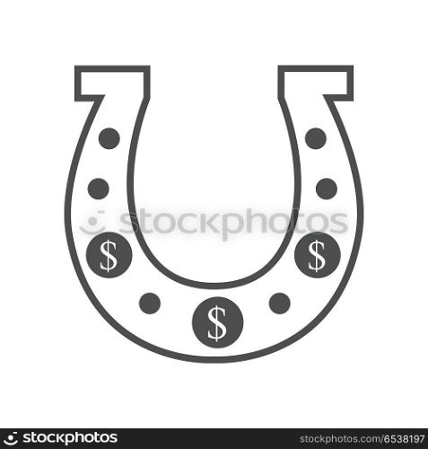 Golden Horseshoe Conceptual Vector Illustration. Monochrome, black horseshoe vector. Traditional symbol of fortune and luck in with dollar signs. Illustration for gambling industry, online game and lottery services. Isolated on white background.