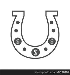 Golden Horseshoe Conceptual Vector Illustration. Monochrome, black horseshoe vector. Traditional symbol of fortune and luck in with dollar signs. Illustration for gambling industry, online game and lottery services. Isolated on white background.
