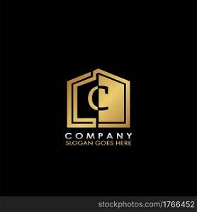 Golden House C letter logo, initial half negative space letter design for business, building and property style.