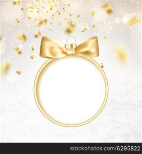 Golden hristmas ball on white background with blurred sparks and confetti. Vector illustration.