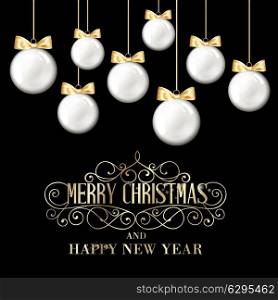 Golden hristmas balls on white background with blurred sparks and confetti. Vector illustration.