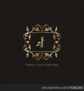 Golden I Initial logo. Frame emblem ampersand deco ornament monogram luxury logo template for wedding or more luxuries identity