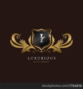 Golden I Logo Luxurious Shield, creative vector design for luxury brand identity.