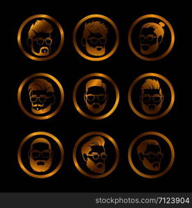 Golden icons with male heads. Hipster style haircute icons for barber shops. Vector illustration. Golden icons male heads. Hipster style haircute icons