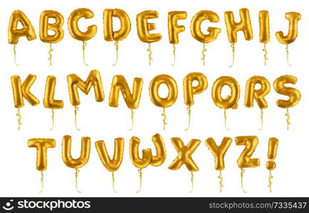 Golden inflatable toy balloons font. 3d vector realistic set. Letters from A to Z