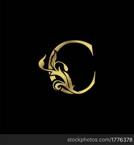 Golden Initial C Luxury Letter Logo Icon vector design ornate swirl nature floral concept.