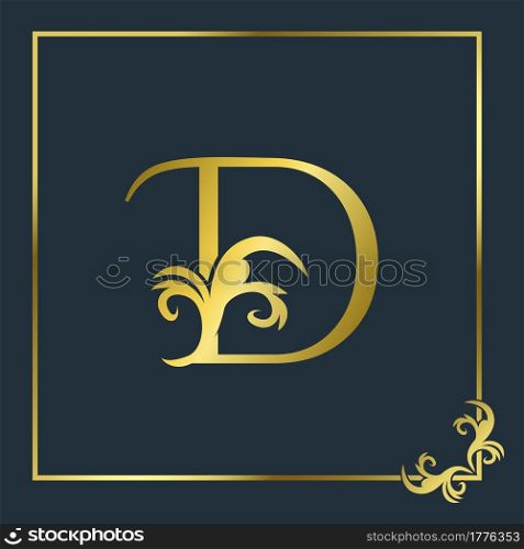 Golden Initial D Luxury Letter Logo Icon, Ornate business brand identity or wedding initial logo vector design .