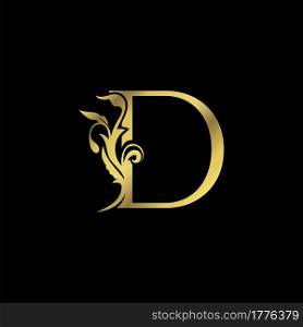 Golden Initial D Luxury Letter Logo Icon vector design ornate swirl nature floral concept.