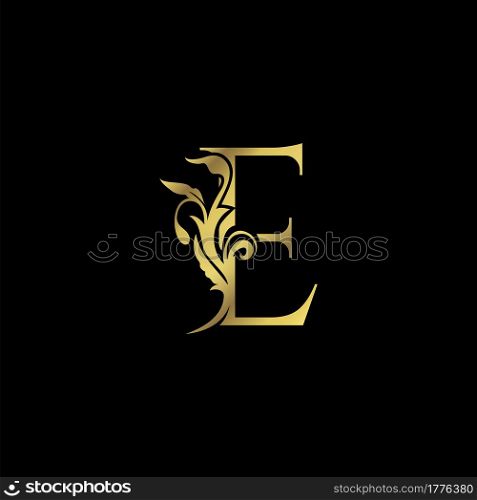 Golden Initial E Luxury Letter Logo Icon vector design ornate swirl nature floral concept.