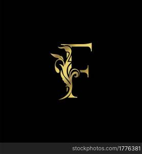 Golden Initial F Luxury Letter Logo Icon vector design ornate swirl nature floral concept.