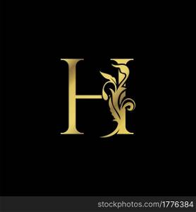 Golden Initial H Luxury Letter Logo Icon vector design ornate swirl nature floral concept.
