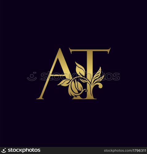 Golden Initial Letter A and T, AT Luxury Logo Icon, Vintage Gold Letter Logo