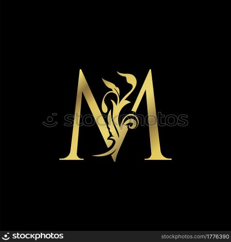 Golden Initial M Luxury Letter Logo Icon vector design ornate swirl nature floral concept.