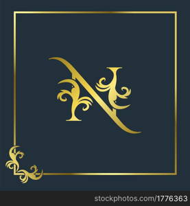 Golden Initial N Luxury Letter Logo Icon, Ornate business brand identity or wedding initial logo vector design .