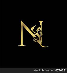 Golden Initial N Luxury Letter Logo Icon vector design ornate swirl nature floral concept.