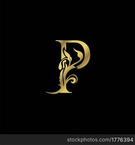 Golden Initial P Luxury Letter Logo Icon vector design ornate swirl nature floral concept.