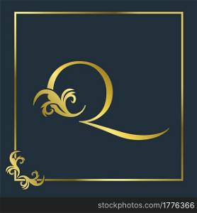 Golden Initial Q Luxury Letter Logo Icon, Ornate business brand identity or wedding initial logo vector design .