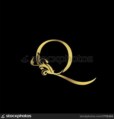 Golden Initial Q Luxury Letter Logo Icon vector design ornate swirl nature floral concept.