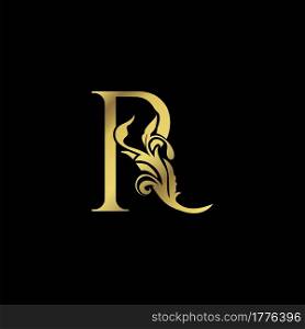 Golden Initial R Luxury Letter Logo Icon vector design ornate swirl nature floral concept.