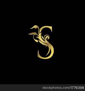 Golden Initial S Luxury Letter Logo Icon vector design ornate swirl nature floral concept.