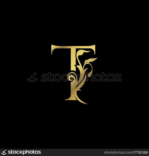 Golden Initial T Luxury Letter Logo Icon vector design ornate swirl nature floral concept.