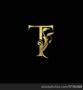 Golden Initial T Luxury Letter Logo Icon vector design ornate swirl nature floral concept.