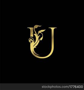 Golden Initial U Luxury Letter Logo Icon vector design ornate swirl nature floral concept.