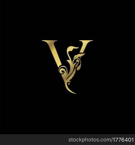 Golden Initial V Luxury Letter Logo Icon vector design ornate swirl nature floral concept.