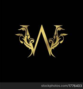 Golden Initial W Luxury Letter Logo Icon vector design ornate swirl nature floral concept.