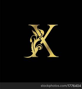 Golden Initial X Luxury Letter Logo Icon vector design ornate swirl nature floral concept.