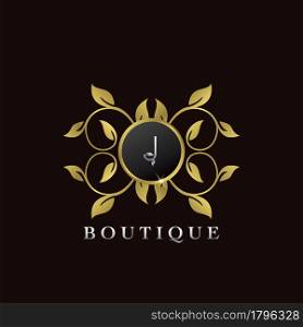 Golden J Letter Luxury Frame Boutique Initial Logo Icon, Elegance logo letter design template for luxuries business
