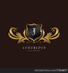 Golden J Logo Luxurious Shield, creative vector design for luxury brand identity.