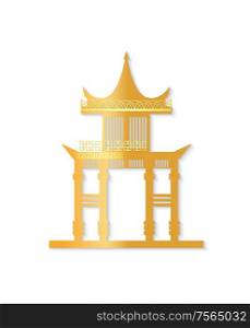 Golden Japan gate with decorated roof isolated object on white background. Torii gateway sign in flat style. Japanese traditional classic symbol vector. Golden Japan Gate with Decorated Roof Vector